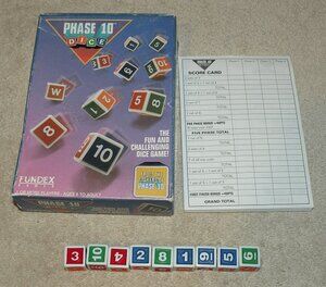 1993 Phase 10 Dice Game Fundex W/ Box Scorecards Missing 1 Die